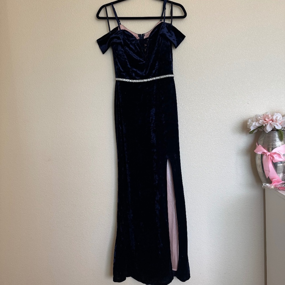 Jodi Kristopher Sapphire Blue Velvet Dress Off the Shoulder Split